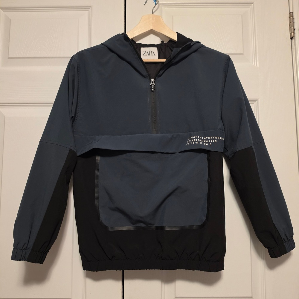 Zara Boys Colorblock Hooded Half-Zip Windbreaker Jacket Navy Black Size 13-14